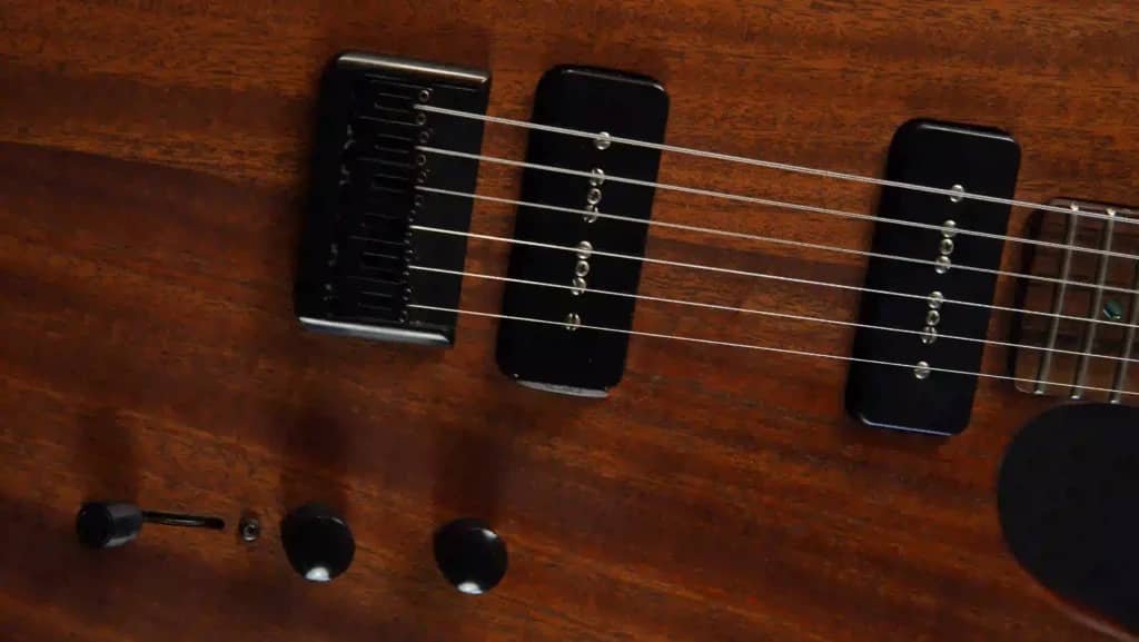 A beautiful custom made mahogany guitar in telecaster style. Body detail.